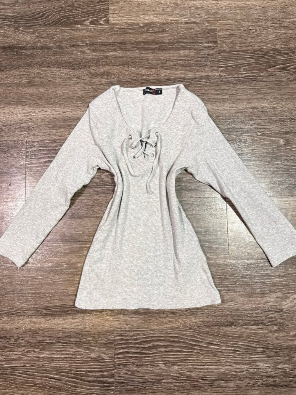 FB SISTER Lace-Up Ribbed Long Sleeve Top Light Gray Size S